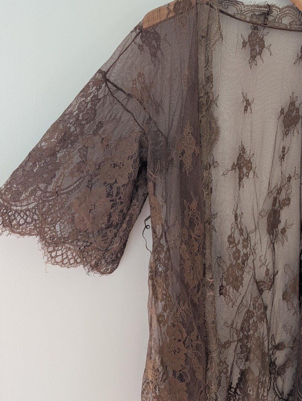 Brown Sheer Floral Lace Kimono Cardigan Duster S Boho Western Festival - Picture 3 of 6